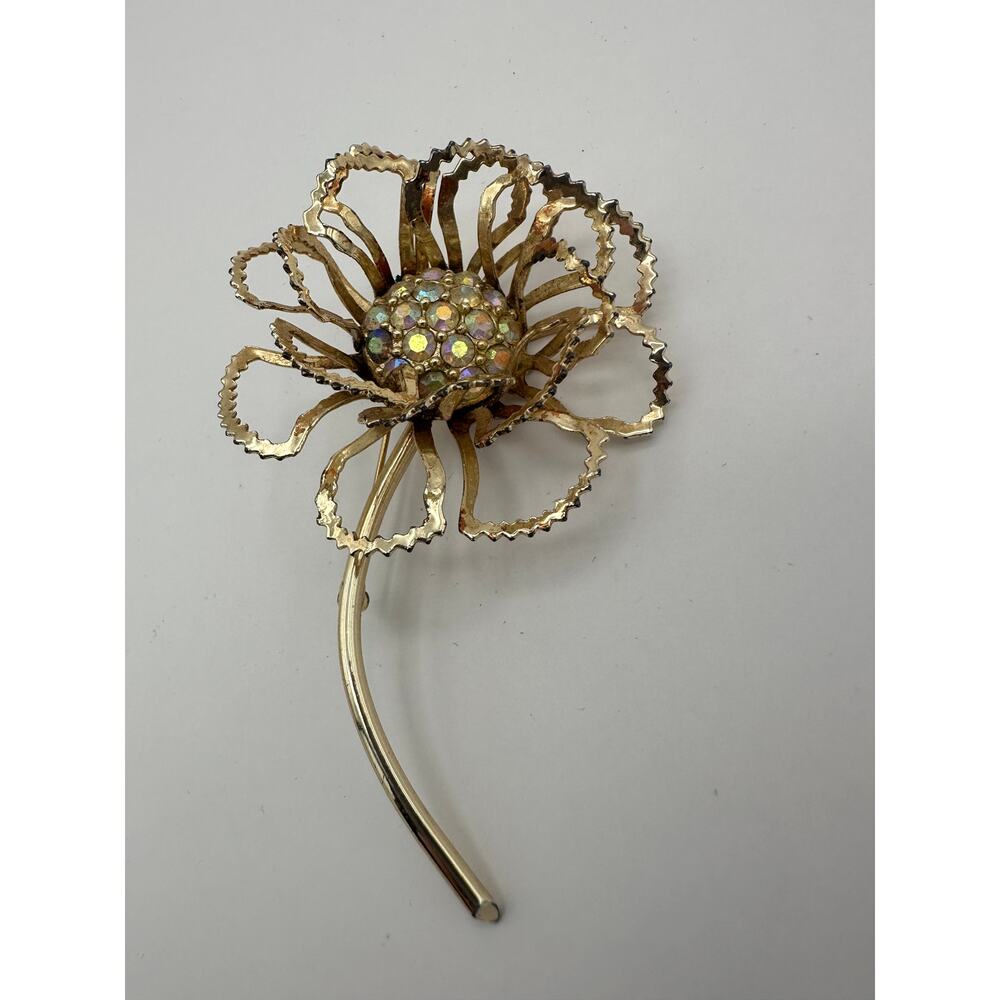 Vintage Sarah Coventry Signed Flower Rhinestone Aurora Borealis Brooch Pin